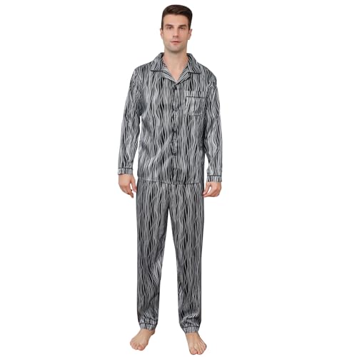 RuanMM Herren-Pyjama-Set aus seidigem Satin mit schwarzem Muster, Nachtwäsche mit Langen Ärmeln und Knöpfen (M, Schwarz06) von RuanMM