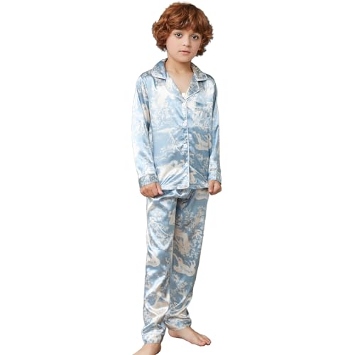 RuanMM Kinder-Pyjama-Set aus seidigem Satin, Bedruckte Jungen-Nachtwäsche/Nachtwäsche | Hellblau-160 von RuanMM