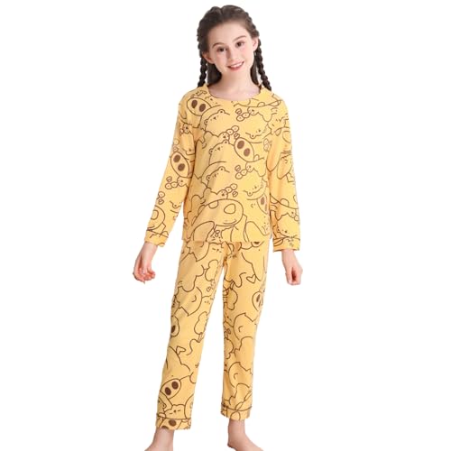 RuanMM Kinder-Pyjama für Mädchen, baumwollähnliche Textur, langes Pyjama-Set, Nachtwäsche, Rundhals-Nachtwäsche gelber Bär-140 von RuanMM