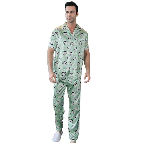 RuanMM Klassisches Herren-Pyjama-Set aus Seidensatin, kurzärmelige Nachtwäsche, Knopf-Loungewear mit Langen Hosen | Green Panda -XL von RuanMM