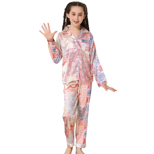 RuanMM Langärmliger Pyjama aus Seidensatinimitat/Pyjama mit mehrfarbigen Knöpfen/Hauskleidung für Mädchen/Pyjama-Set mit mehrfarbigen Taschen/für Mädchen/Farbe-140 von RuanMM