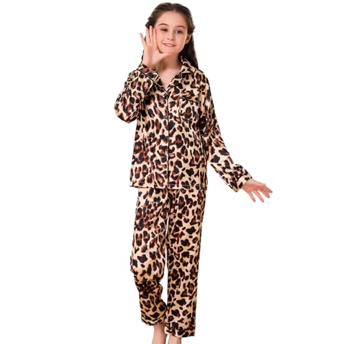 RuanMM Langärmliger Pyjama aus Seidensatinimitat/Pyjama mit mehrfarbigen Knöpfen/Hauskleidung für Mädchen/Pyjama-Set mit mehrfarbigen Taschen/für Mädchen/Leopardenmuster-140 von RuanMM