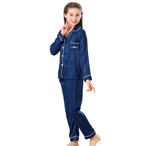 RuanMM Langärmliger Pyjama aus Seidensatinimitat/Pyjama mit mehrfarbigen Knöpfen/Hauskleidung für Mädchen/Pyjama-Set mit mehrfarbigen Taschen/für Mädchen/Reines Blaue Streifen-140 von RuanMM