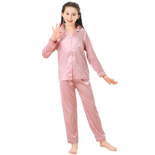 RuanMM Langärmliger Pyjama aus Seidensatinimitat/Pyjama mit mehrfarbigen Knöpfen/Hauskleidung für Mädchen/Pyjama-Set mit mehrfarbigen Taschen/für Mädchen/Rosa-140 von RuanMM