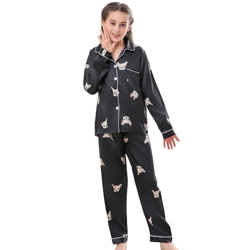 RuanMM Langärmliger Pyjama aus Seidensatinimitat/Pyjama mit mehrfarbigen Knöpfen/Hauskleidung für Mädchen/Pyjama-Set mit mehrfarbigen Taschen/Pyjama mit Aufdruck für Mädchen/Schwarz-160 von RuanMM