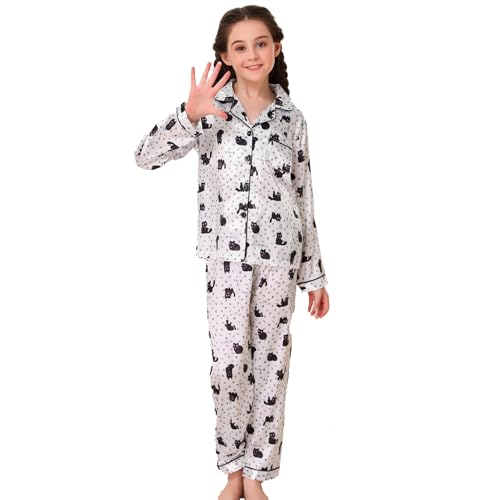 RuanMM Langärmliger Pyjama aus Seidensatinimitat/Pyjama mit mehrfarbigen Knöpfen/Hauskleidung für Mädchen/Pyjama-Set mit mehrfarbigen Taschen/für Mädchen/Weiß-160 von RuanMM