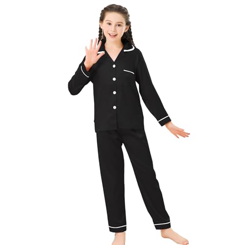 RuanMM Langärmliger Pyjama aus Seidensatinimitat/Pyjama mit mehrfarbigen Knöpfen/Hauskleidung für Mädchen/Pyjama-Set mit mehrfarbigen Taschen/für Mädchen/reines Schwarz-160 von RuanMM
