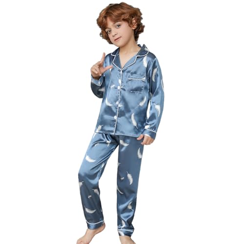RuanMM Mädchenseidiges Satin-Pyjama-Set, Kinder-Nachtwäsche, Pyjama-Sets, Nachtwäsche | Blau-140 von RuanMM