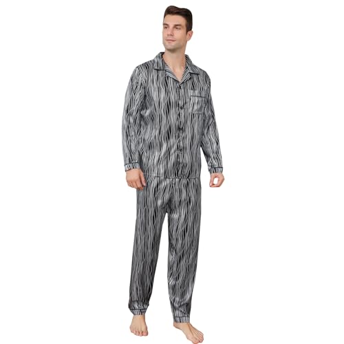 RuanMM Men's Silky Satin Black Pattern Pajama Set Long Sleeve Button Down Sleepwear(L, Black06) von RuanMM