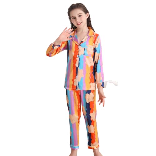 RuanMM Seidiges Satin-Pyjama-Set für Kinder | Nachtwäsche für Mädchen mit Animal-Print | Pyjama-Sets, Nachtwäsche für Mädchen | Bunter Bär-130 von RuanMM