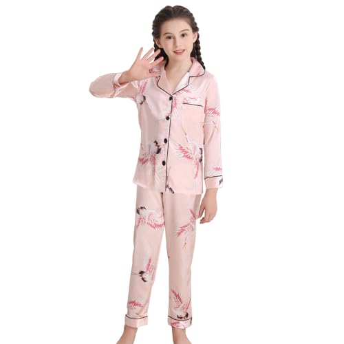 RuanMM Seidiges Satin-Pyjama-Set für Kinder | Nachtwäsche für Mädchen mit Animal-Print | Pyjama-Sets, Nachtwäsche für Mädchen | Rosa-Kranich-150 von RuanMM