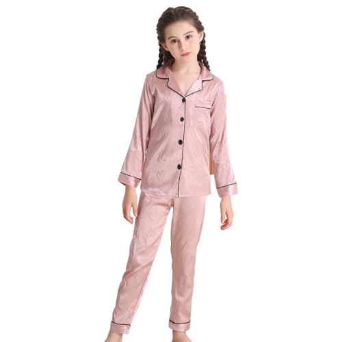 RuanMM Seidiges Satin-Pyjama-Set für Kinder | Nachtwäsche für Mädchen mit Animal-Print | Pyjama-Sets, Nachtwäsche für Mädchen | Rosa Liebe-160 von RuanMM