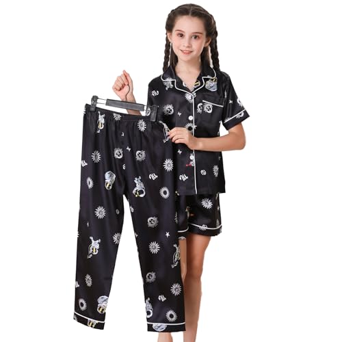 RuanMM Seidiges Satin-Pyjama-Set für Kinder | Nachtwäsche für Mädchen mit Schwarz und weiß | Pyjama-3 Sets, Nachtwäsche für Mädchen | Schwarzes Universumn-130 von RuanMM