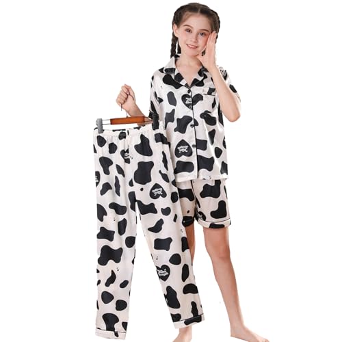 RuanMM Seidiges Satin-Pyjama-Set für Kinder | Nachtwäsche für Mädchen mit Schwarz und weiß | Pyjama-Sets, Nachtwäsche für Mädchen | Kuhfarbe-160 von RuanMM