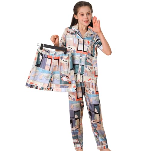 RuanMM Seidiges Satin-Pyjama-Set für Kinder | Nachtwäsche für Mädchen mit Science-Fiction | Pyjama-Sets, Nachtwäsche für Mädchen | Science-Fiction-140 von RuanMM