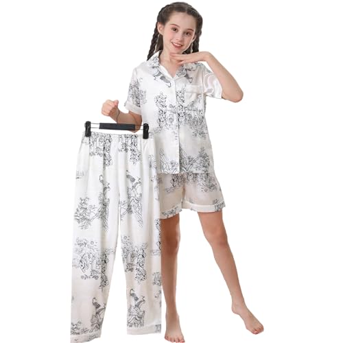 RuanMM Seidiges Satin-Pyjama-Set für Kinder | Nachtwäsche für Mädchen mit3PCS | Pyjama-Sets, Nachtwäsche für Mädchen | weiße Tuschemalerei-130 von RuanMM