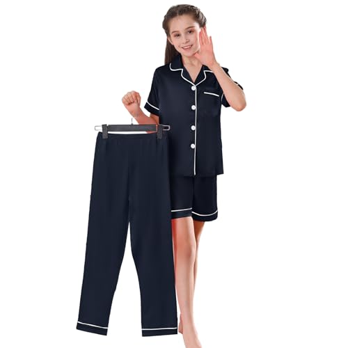 RuanMM Set of 3 Weiches Satin-Pyjama-Set für Mädchen | Kinder-Nachtwäsche | Pyjama-Sets für Mädchen | geschmeidige Nachtwäsche | Schwarz-140 von RuanMM