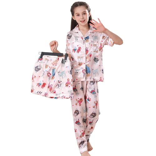 RuanMM Short-Sleeved Tops, Shorts, Trousers.Seidiges Satin-Pyjama-Set für Kinder | Nachtwäsche für Mädchen mit Schwarz und weiß | Pyjama-Sets, Nachtwäsche für Mädchen | Dog-150 von RuanMM