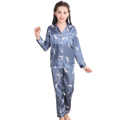 RuanMM Weiches Satin-Pyjama-Set für Mädchen | Kinder-Nachtwäsche | Pyjama-Sets für Mädchen | geschmeidige Nachtwäsche | Blau-130 von RuanMM