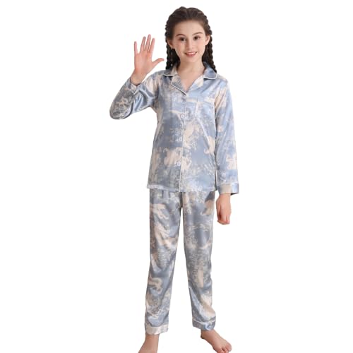 RuanMM Weiches Satin-Pyjama-Set für Mädchen | Kinder-Nachtwäsche | Pyjama-Sets für Mädchen | geschmeidige Nachtwäsche | Hellblau-140 von RuanMM