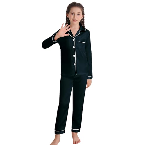 RuanMM Weiches Satin-Pyjama-Set für Mädchen | Kinder-Nachtwäsche | Pyjama-Sets für Mädchen | geschmeidige Nachtwäsche | Schwarz-130 von RuanMM