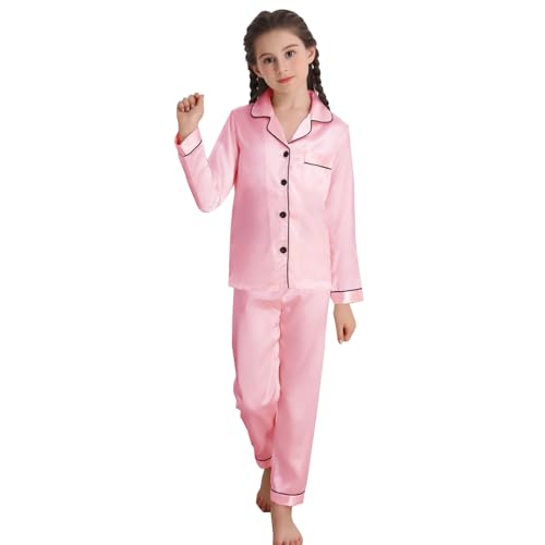 Seidiges Satin-Pyjama-Set für Kinder | Nachtwäsche für Mädchen mit Animal-Print | Pyjama-Sets, Nachtwäsche für Mädchen | Rosa-150 von RuanMM