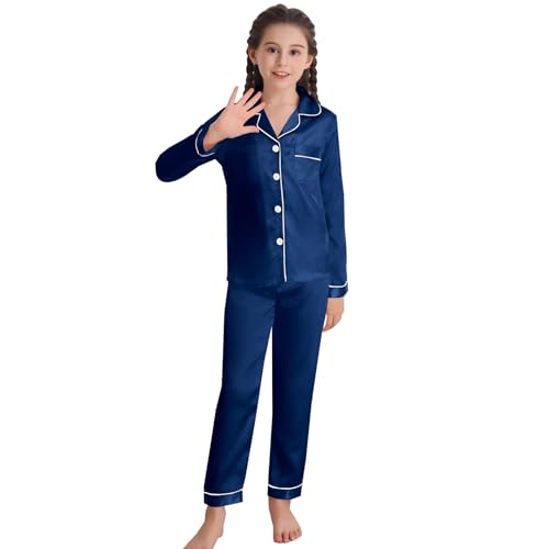 Weiches Satin-Pyjama-Set für Mädchen | Kinder-Nachtwäsche | Pyjama-Sets für Mädchen | geschmeidige Nachtwäsche | Reines Blau-130 von RuanMM