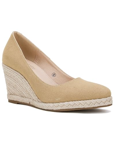 Ruanyu Espadrilles für Damen, Plateau-Sandalen, Keilabsatz, einfarbig, geschlossen, spitzer Zehenbereich, bequeme Keilpumps, Khaki, 38.5 EU von Ruanyu