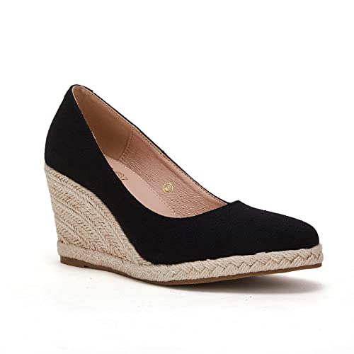 Ruanyu Espadrilles für Damen, Plateau-Sandalen, Keilabsatz, einfarbig, geschlossen, spitzer Zehenbereich, bequeme Keilpumps, Schwarz, 39 EU von Ruanyu