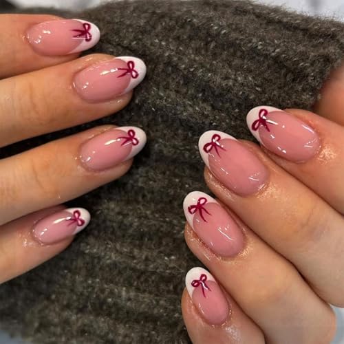 24 Stück kurze Nägel zum Aufdrücken in Mandelform, glänzende Schleifen-Designs, französische Spitze, Acrylnägel zum Aufkleben für Frauen von Ruarby