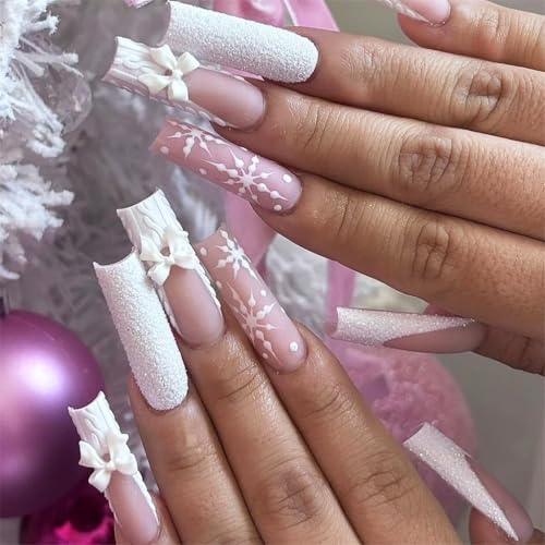 24 Stück lange quadratische Weihnachts-Acryl-Nägel zum Aufdrücken mit französischer Spitze und weißen 3D-Schleifen, Nageldekoration für Frauen von Ruarby