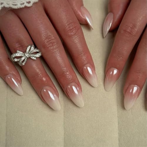 30 x Mandel-Nägel zum Aufdrücken, Acrylnägel, volle Abdeckung, Kunstdekoration, französische Spitzen, glänzende Kunstnägel für Frauen von Ruarby