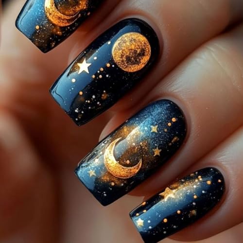 Ruarby 24 Stück quadratische künstliche Nägel mit Weltraumthema Mond Stern Designs Acryl Glänzend Stick on Nails für Frauen und Mädchen von Ruarby