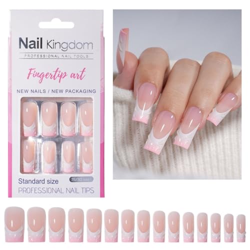 Ruarby 30 Stück glänzende French Tip Press on Nails Lange quadratische Form Stick on Nails Maniküre Glänzende Acryl Kunstnägel für Frauen von Ruarby