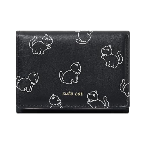 Ruarby Cartoon Cats Designs Damen Trifold Wallet in Schwarz PU Leder Münzbörse Kartenhalter mit Klarem Fenster für den täglichen Gebrauch, Schwarz von Ruarby