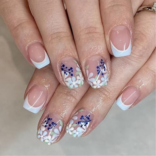 Ruarby Künstliche Nägel, elegante französische Stile und glänzende Oberfläche, kurze Nägel zum Aufdrücken, vollständige Abdeckung, künstliche Nägel für Damen, 24 Stück von Ruarby