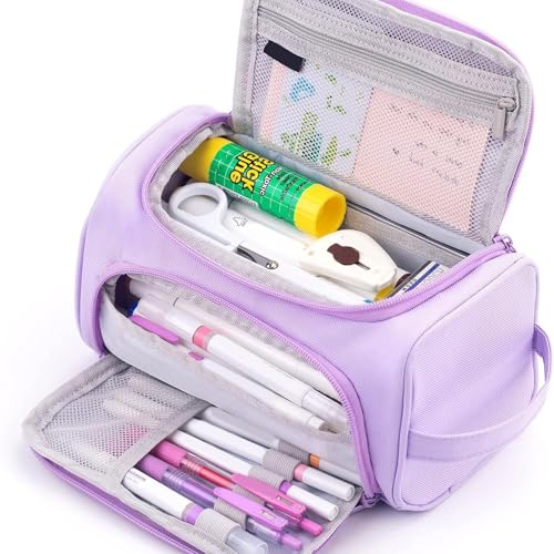 Ruarby Mehrzweck-Federmäppchen, großes Fassungsvermögen, doppellagiges Federmäppchen, Segeltuch, Make-up-Aufbewahrungstasche, Behälter, hellviolett von Ruarby