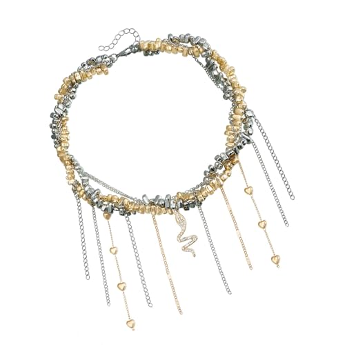 Ruarby Stilvolle Schlangen-Anhänger-Halskette mit Liebes-Herz-Quasten und unregelmäßigen Perlen-Designs für Partys und den täglichen Gebrauch, Quasten, Schlangenkette von Ruarby