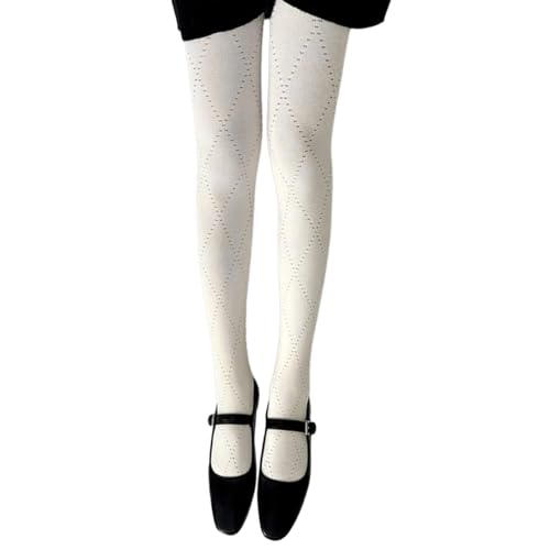 Ruarby Strumpfhosen mit ausgehöhltem Karomuster, Baumwolle, blickdicht, Strumpfwaren für modebewusste Frauen, hohles Karomuster, milchweiß, Einheitsgröße von Ruarby