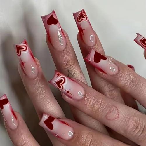 Valentinstag Love Heart Press on Nails Square Glossy French Tip Acryl Stick On Nails Maniküre für Frauen und Mädchen von Ruarby