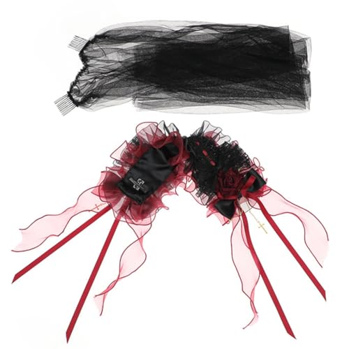 Vintage Bowknot Rüschen Süßes Haarband Anime Dienstmädchen Cosplay Stirnband Spitze Rose Blume Stirnband mit Schleier Haarschmuck von Ruarby