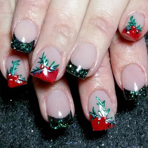 Weihnachten Full Covers Stick On Nails French Tip Press Short Square False Artificial For Winter French Tip False Christmas Press Short Square Artificial von Ruarby