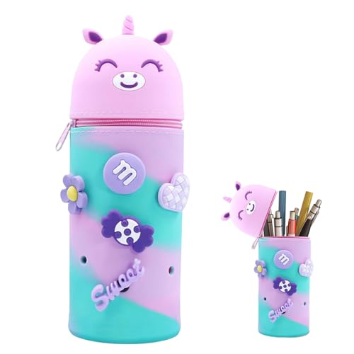 Ruayia Kawaii Federmäppchen mädchen Reißverschluss, Standmäppchen Federtasche Mädchen Silikon Weiche, Kawaii Tischstifthalter Schulmäppchen Schüttelpenal - Einhorn von Ruayia