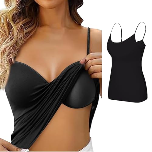 Ruayia Tops Mit Integriertem BH, Tanktop Damen Baumwolle, Unterhemd BH-Hemd, Verstellbarer Spaghettiträger Tops Baumwolle Tank Top Mit Regal BH, Schwarz (M) von Ruayia