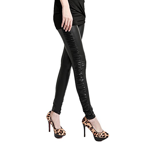 Rubberfashion Glanz Leggings Damen - glänzende Leggins 80er Jahre mit Seitenraffung für Frauen und Mädchen metallic Schwarz S/M von Rubberfashion