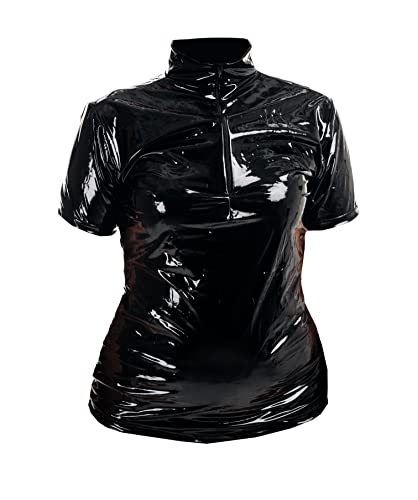 Rubberfashion Lack Hemd - Glanz Lack Kurzarm Tshirt - sexy Shirt für Damen und Herren Lack schwarz L von Rubberfashion