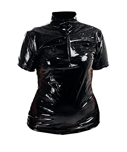 Rubberfashion Lack Hemd - Glanz Lack Kurzarm Tshirt - sexy Shirt für Damen und Herren Lack schwarz S von Rubberfashion