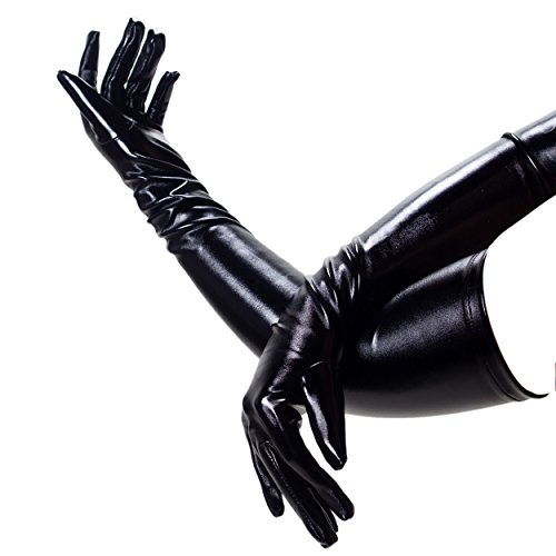 Rubberfashion Lange Lack Handschuhe lang glänzend - lange Abendhandschuhe für Domina und Catwoman Outfit/Kostüm oberarmlang Lack Schwarz XL von Rubberfashion