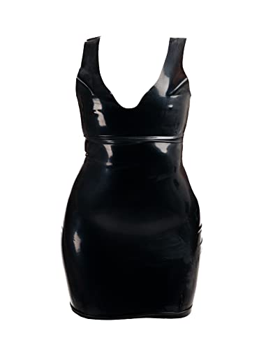 Rubberfashion Latex Mini Kleid - Latexkleid kurz - Arm frei mit Trägern und V-Ausschnitt - sexy Frauen Kleider für Damen schwarz 0.4mm M von Rubberfashion