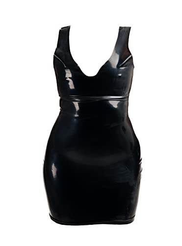 Rubberfashion Latex Mini Kleid - Latexkleid kurz - Arm frei mit Trägern und V-Ausschnitt - sexy Frauen Kleider für Damen schwarz 0.4mm S von Rubberfashion